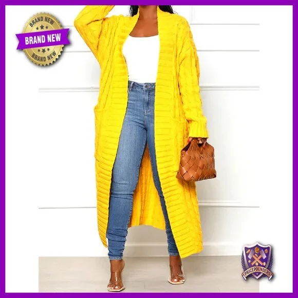 Chunky Cable Knit Cardigan with Pockets, Loose Fit, Ankle Length - Picture 5 of 6